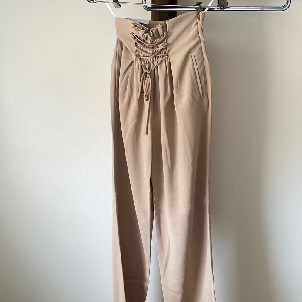 Aritzia Tan High-Waisted Trousers With Drawstring Sz Xs